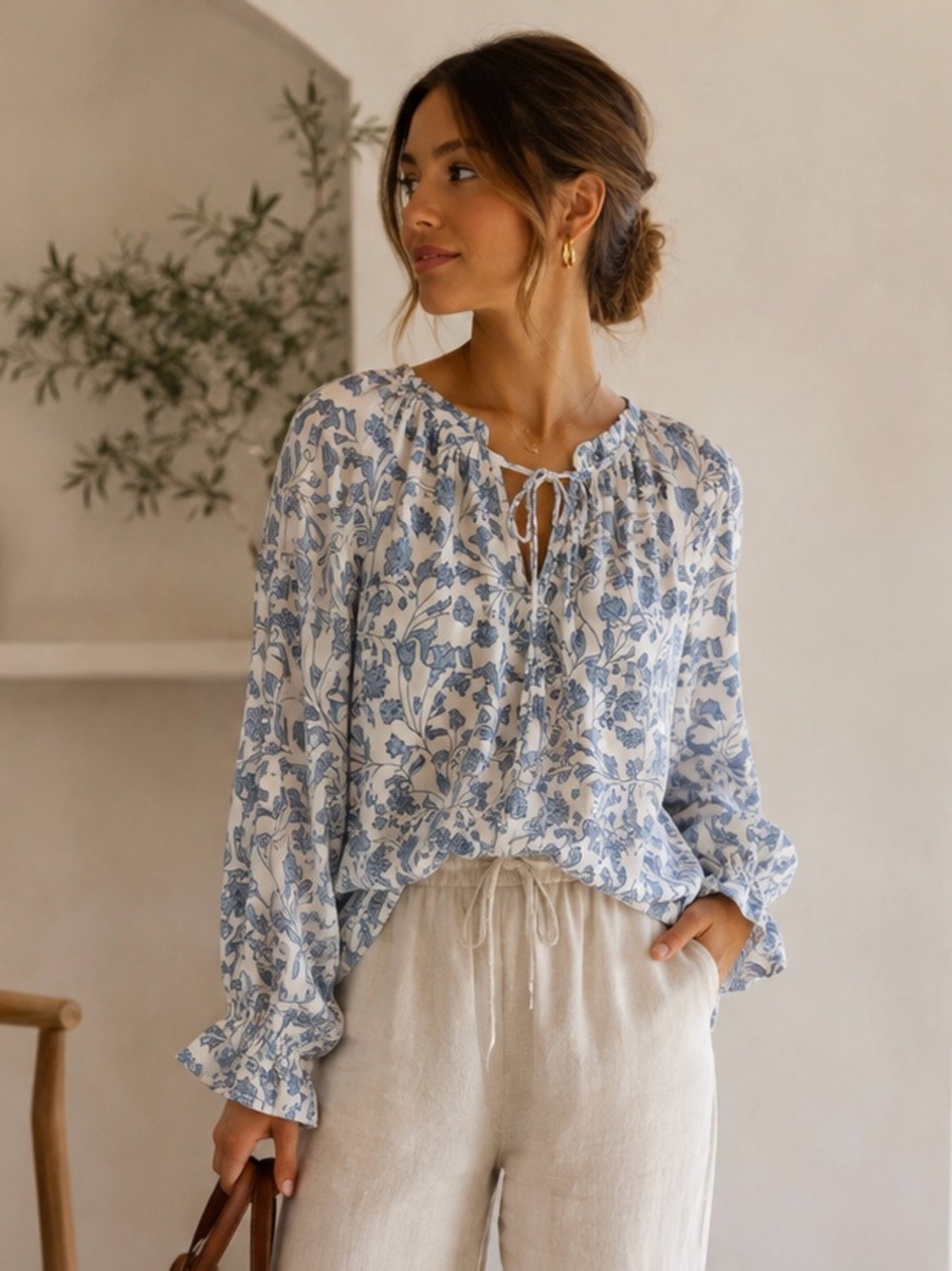 Women's Blue Floral Tie-Front Peasant Blouse